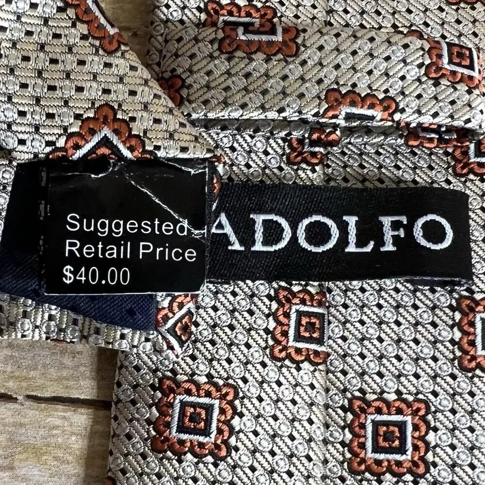 Adolfo Mens Necktie Brown‎ Tan Geometric Square Pattern Silk Blend Classic Tie